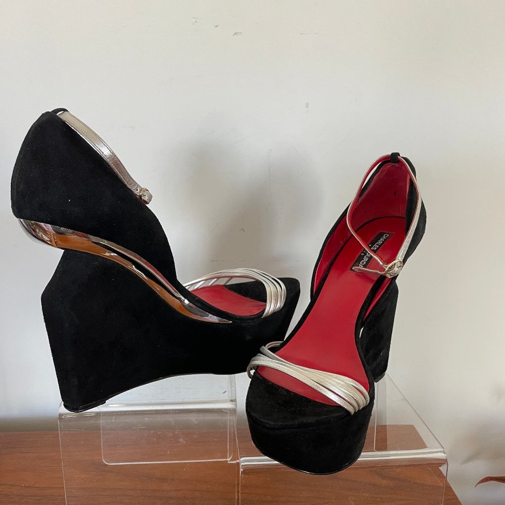 Charles JOURDAN Wedge Shoes Black Suede Silver Accents Size 9-10